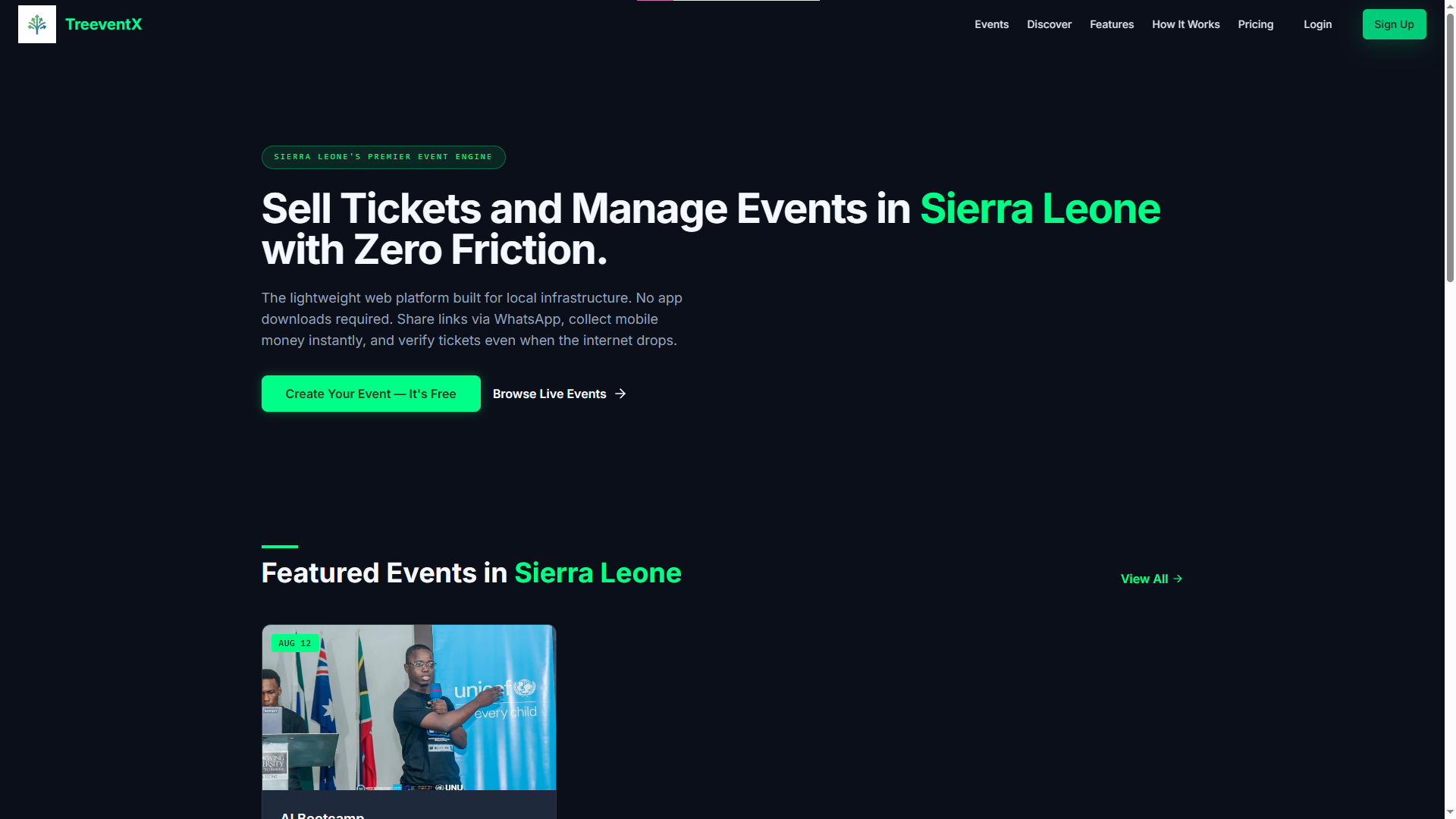 Treeventx homepage showing upcoming events