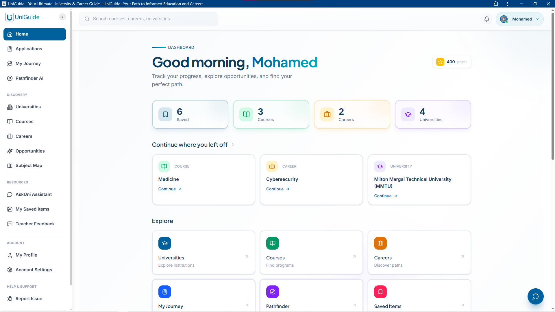 UniGuide dashboard showing pathway recommendations